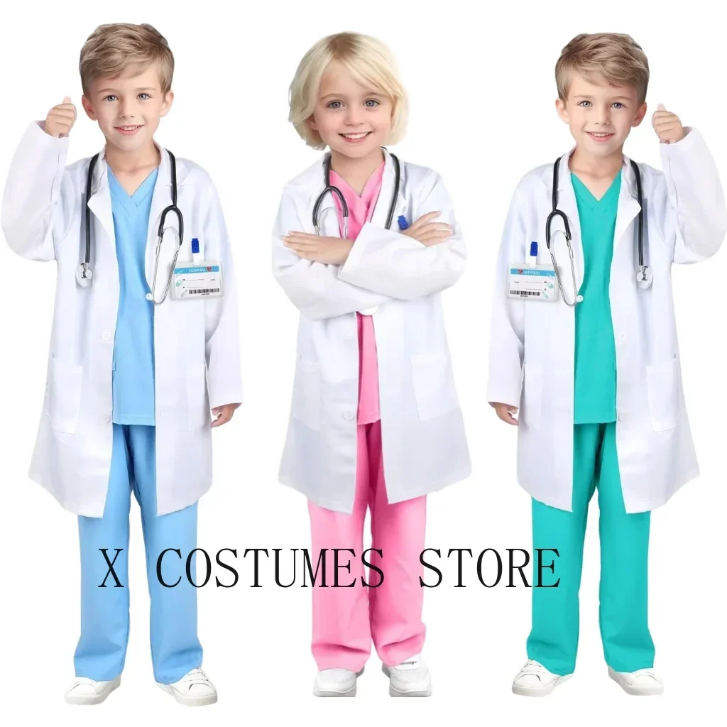 Kids Doctor Nurse Cosplay Costume, V Neck Surgical Uniform for Boys Girls, Halloween Party Role Play Dress Up Outfit