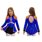 Girls Shiny Sequins Circus Ringmaster Magician Drummer Costume Lion Tamer Long Sleeve Fringe Epaulet Bodysuit for Halloween