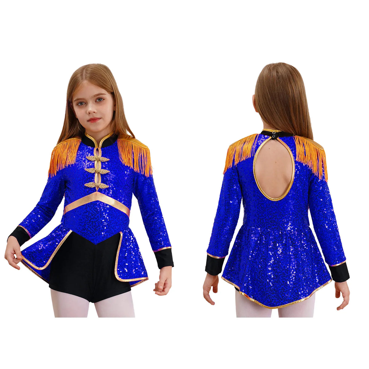 Girls Shiny Sequins Circus Ringmaster Magician Drummer Costume Lion Tamer Long Sleeve Fringe Epaulet Bodysuit for Halloween
