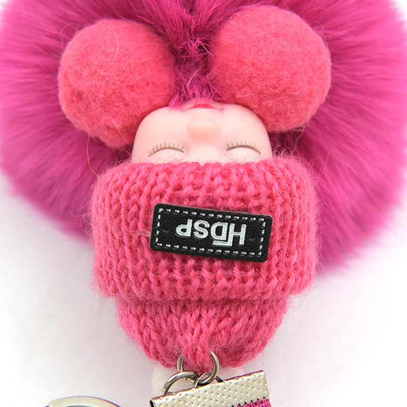 Pompom Sleeping Baby Keychain Cute Fluffy Plush Doll Keyholder Women Girl Bags Keyrings Cars Key Ring Gift Charming Decoration