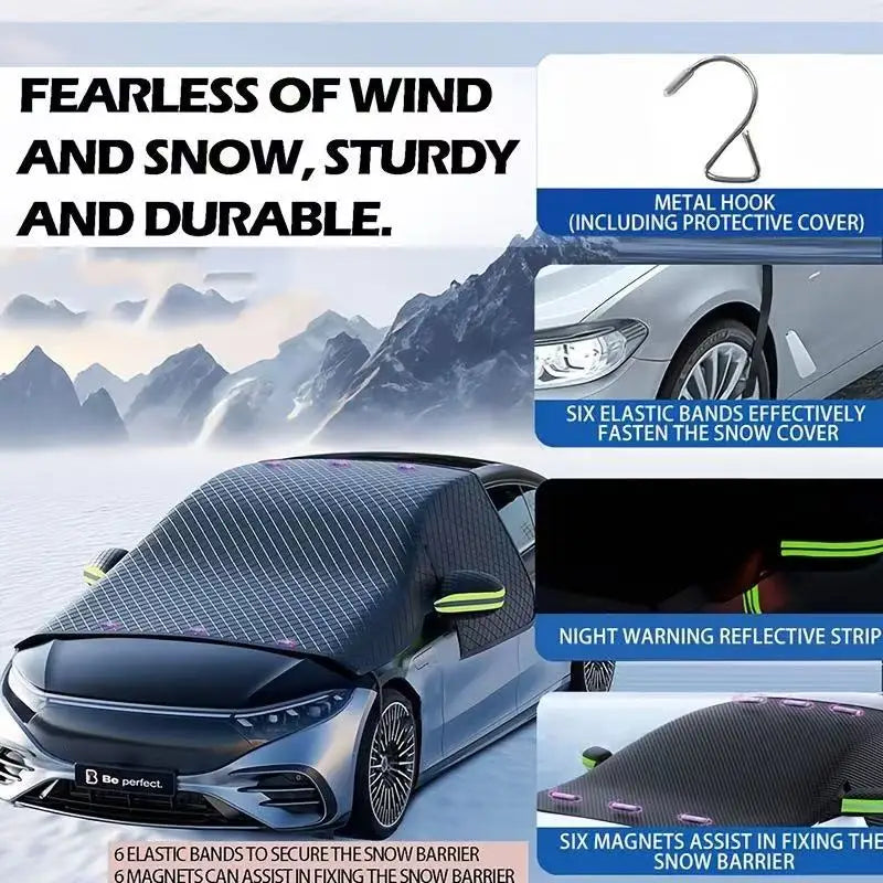 Aluminum-plated film of magnetic snow cover for automobile is thickened, and Oxford cloth is sun-proof and moisture-proof.