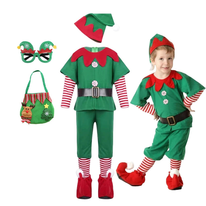 2025 Girl Boy Christmas Elf Costumes Santa Claus Suit Festival Adult Family Halloween Cosplay Sets Green Elves Clothes