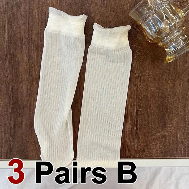 3 Pair Summer Ultra-Thin Lace Mid Tube Socks Breathable Comfortable Fashionable Sweet Lace Lolita Style Pleated Side Casual Sock