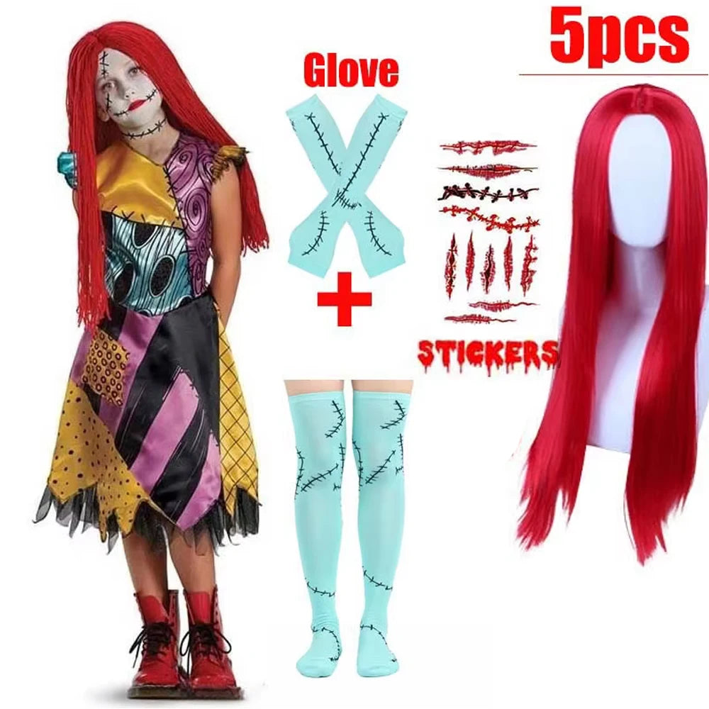 Kids Girls Boys Cosplay Scary Ghost Bride Sally Skeleton Jack Dress Striped Halloween Character Dress Up Costume