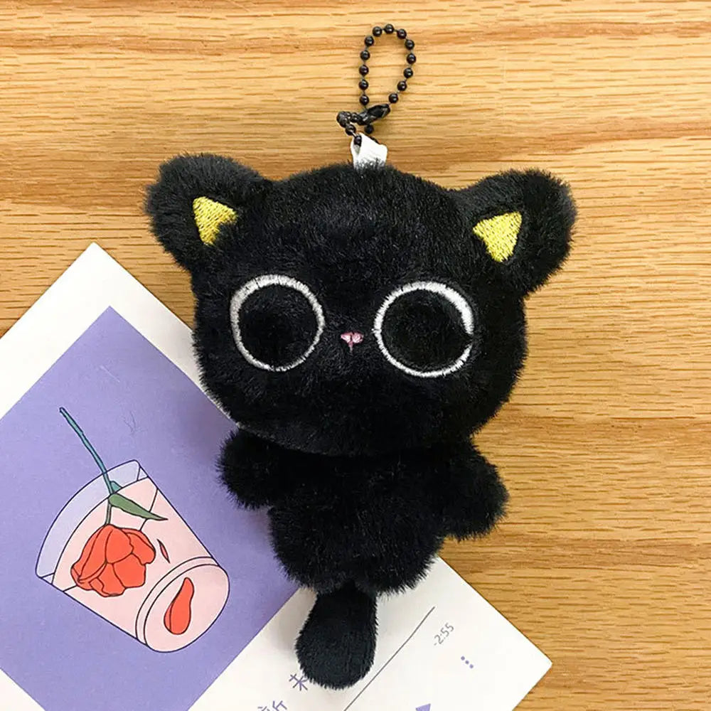 Cute Mini Black Cat Pendant Keychain Cartoon Plush Kitten Doll Charms With Beaded Chain Cuddly Black Kitten For Boys Girls Gifts