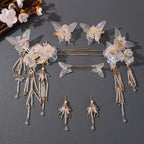 Chinese Hanfu Hair Stick Hairpin Earrings Hair Accessories Set Long Fringed Vintage Hairpin Flower Handmade Wedding Hair Jewelry