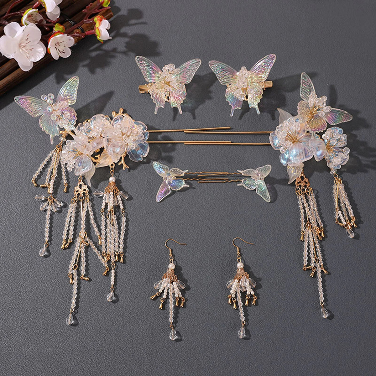 Chinese Hanfu Hair Stick Hairpin Earrings Hair Accessories Set Long Fringed Vintage Hairpin Flower Handmade Wedding Hair Jewelry