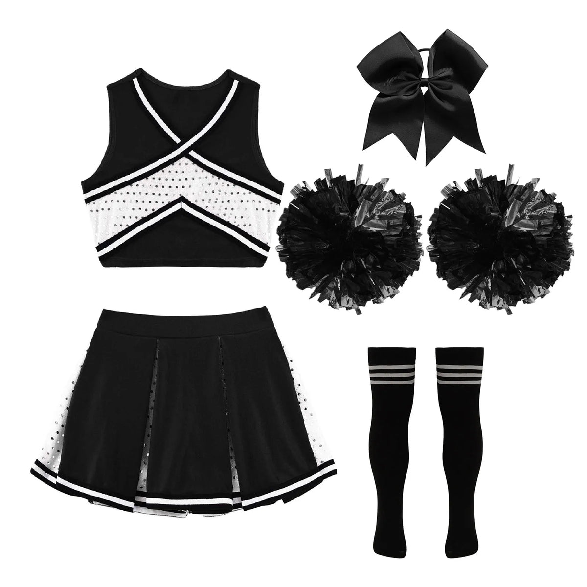 Girl Cosplay Cheerleader Costume Cheerleading Uniform Outfit Sequins Crop Top Skirt with Socks School Girls Dancewear Sets
