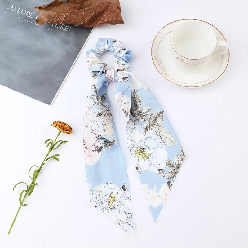 Fashion Flower Print Bow Satin Long Ribbon Ponytail Scarf Tie Scrunchies Women Girls Elastic Bands Hair Accessories