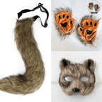 Faux Fur Fox Tail Cat Wolf Cosplay Costume Set with Plush Mask Fluffy Paw Gloves for Halloween And Christmas Party Accessories