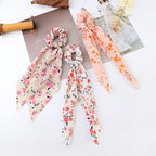 Fashion Flower Print Bow Satin Long Ribbon Ponytail Scarf Tie Scrunchies Women Girls Elastic Bands Hair Accessories