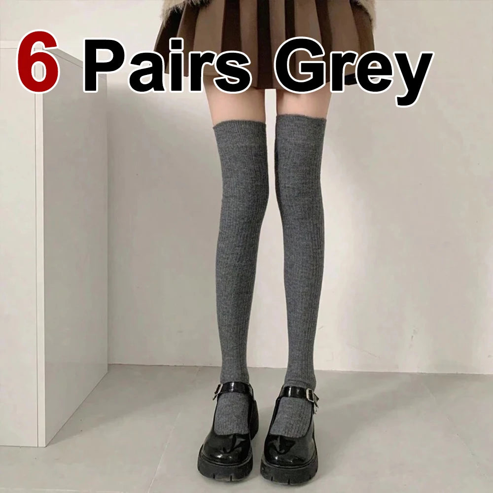 1/3/6 Pairs Women Classic Striped Knee High Stockings Fashionable Versatile Black White Gray Solid Color Comfortable Stockings ﻿
