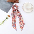 Fashion Flower Print Bow Satin Long Ribbon Ponytail Scarf Tie Scrunchies Women Girls Elastic Bands Hair Accessories