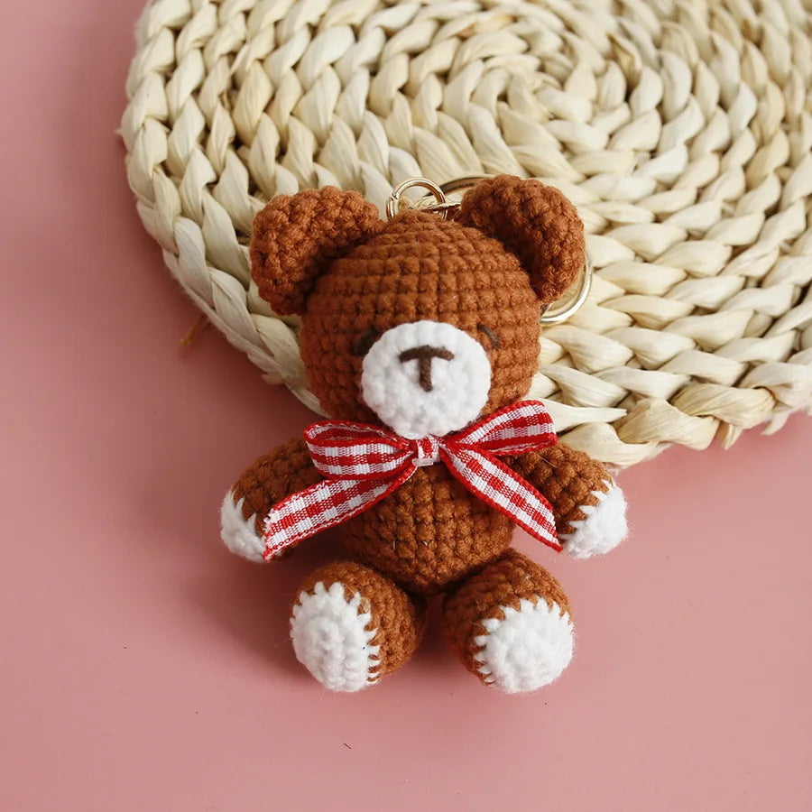 Cute Small Bear Doll Keychain For Couple Gifts Handmaking Crochet Cartoon Bear Keychain Knitting Animal Doll Custom Accessories