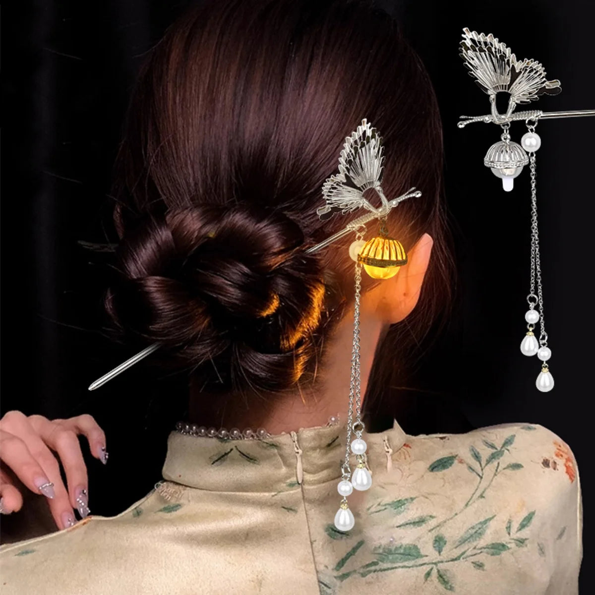 Luminous Flower Hairpin For Women Creative Lotus Emit Light Lantern Tassel Hair Stick Vintage Chinese Style Metal Hair Accessory