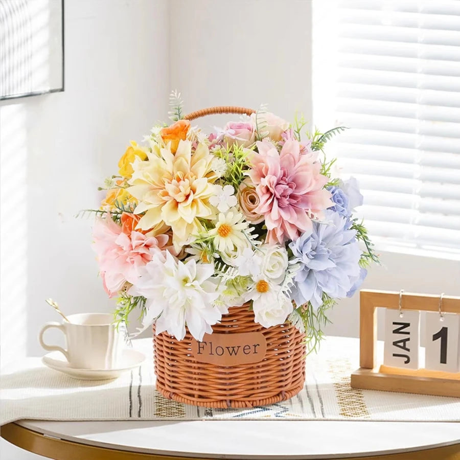 Artificial Rose Flowers Wedding Home Room Yard Decor Bridal Bouquet Garden Fake Silk Dahlia Hydrangeas Vase For Board Outdoors