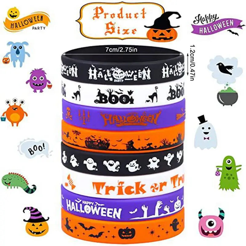 12/24PCS Silicone Bracelets Halloween Decorations Kids Wristband Pumpkin Skull Ghost Bat Halloween Party Favor Gift Bag Fillers