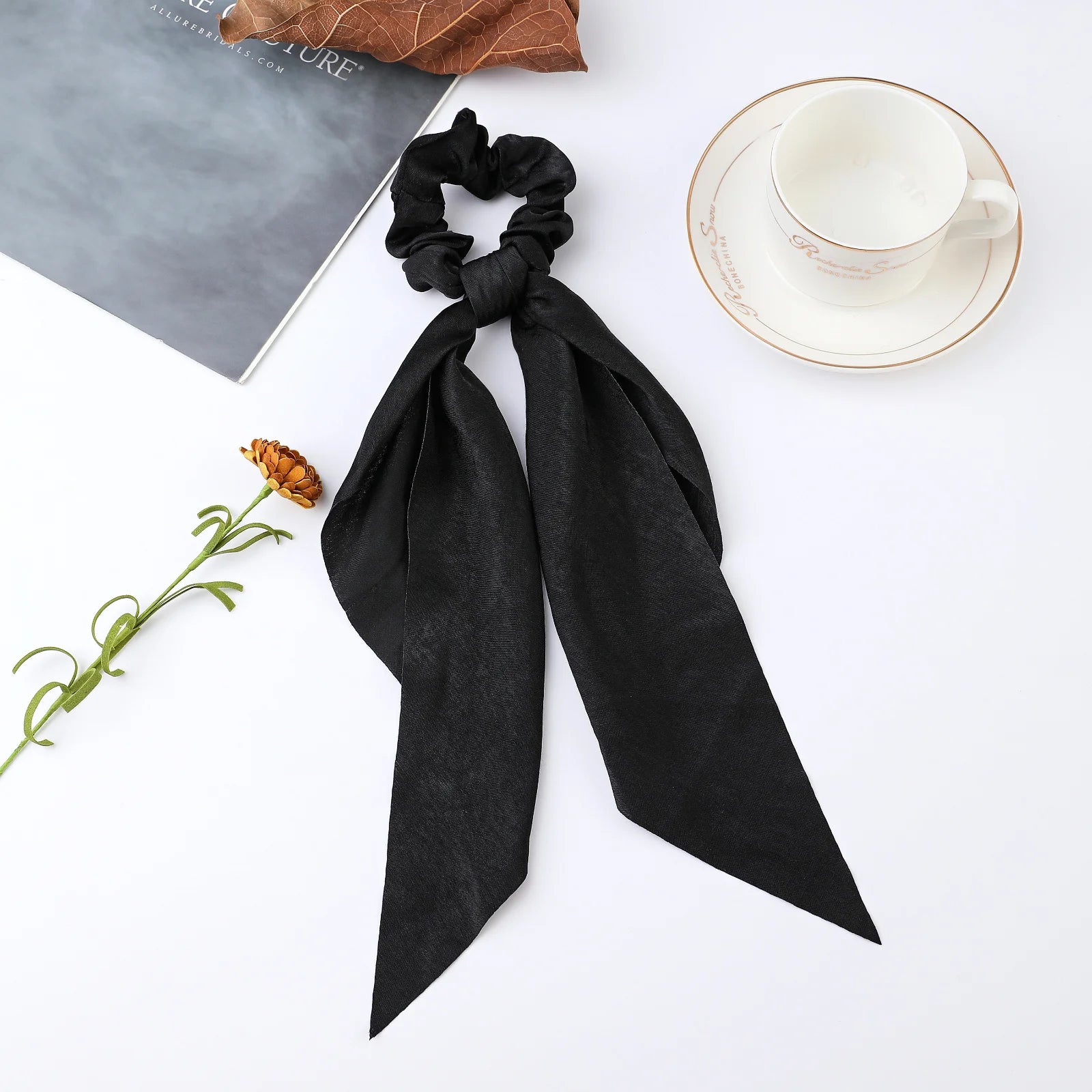 Fashion Flower Print Bow Satin Long Ribbon Ponytail Scarf Tie Scrunchies Women Girls Elastic Bands Hair Accessories