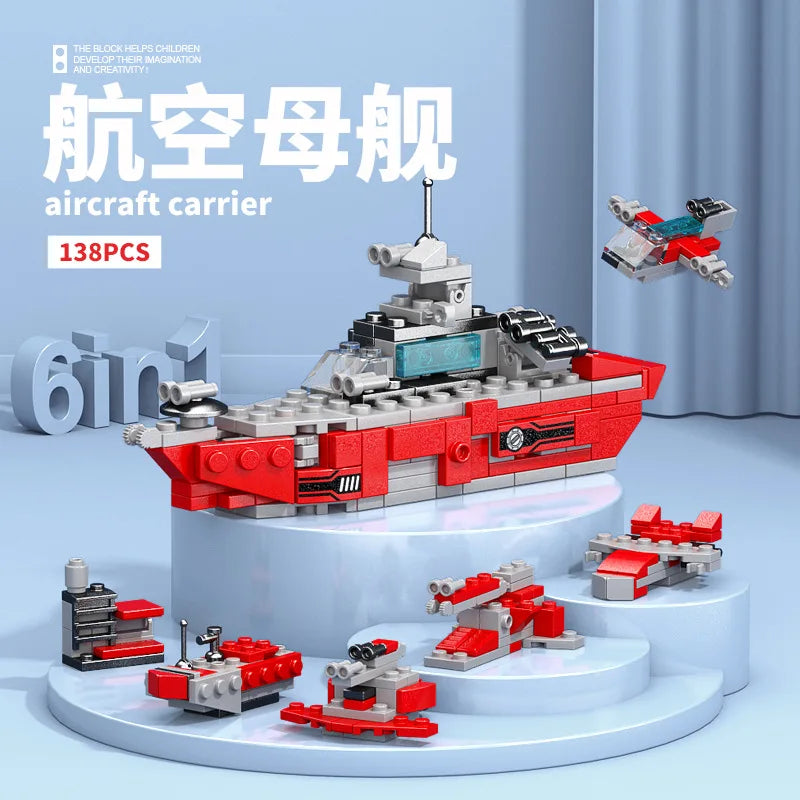 NEW DIY 6in1 Aircraft Carrier Helicopter Mortar Missile Armored Vehicle Building Blocks Kit Girls Bricks Movie Model Kids Toy