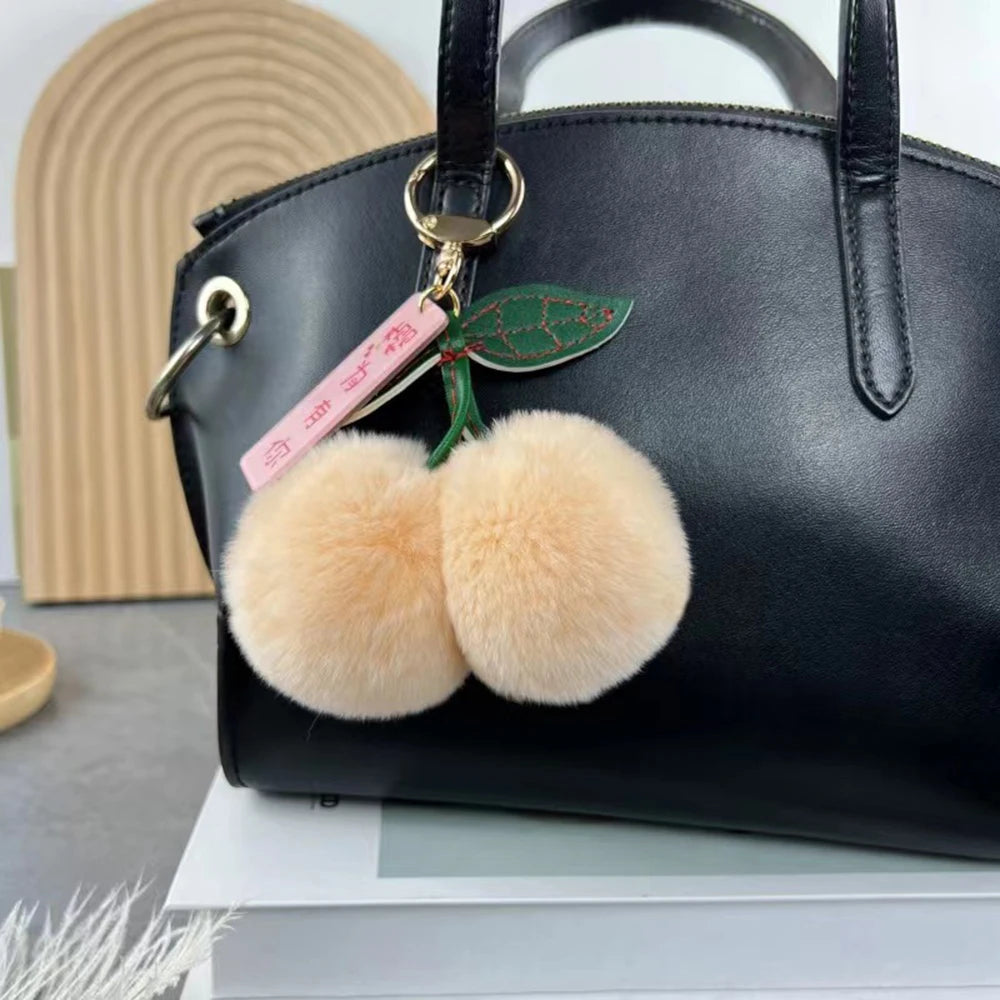 Keychain Key Fob Bag Pendant Fluffy Cherry Keyring Bag Hanging Leaf Artificial Rabbit Fur Ball Key Holder Plush Bag Accessories