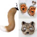Faux Fur Fox Tail Cat Wolf Cosplay Costume Set with Plush Mask Fluffy Paw Gloves for Halloween And Christmas Party Accessories