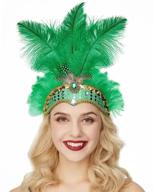 Women Carnival Crystal Crown Feather Headpieces 1920s Flapper Headband Show Girl Feather Headdress Mardi Gras Accessories