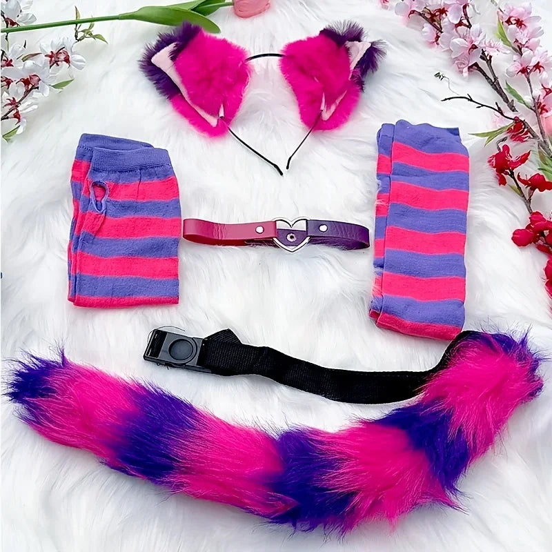 Role playing costume set with black and white stripes, furry tail, gloves and socks, acting props for Halloween