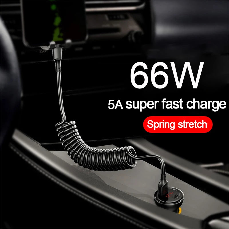 Car USB Type C/Type C to Type C/USB LIGHTNING Fast Charging Spring Telescopic Cable For iPhone 16 15 14 Samsung Xiaomi OnePlus