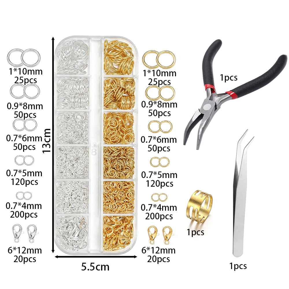 930pcs/Box Jewelry Findings Kits Open Jump Rings Lobster Clasps Hooks Pliers Tweezers for DIY Bracelet Necklace Jewelry Making