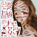 16 Pcs Halloween 3D Fake Scar Temporary Tattoos - Bloody Wound & Zombie Designs for Face/Body, Costume Party, Prank & Cosplay