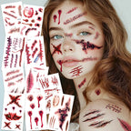 16 Pcs Halloween 3D Fake Scar Temporary Tattoos - Bloody Wound & Zombie Designs for Face/Body, Costume Party, Prank & Cosplay