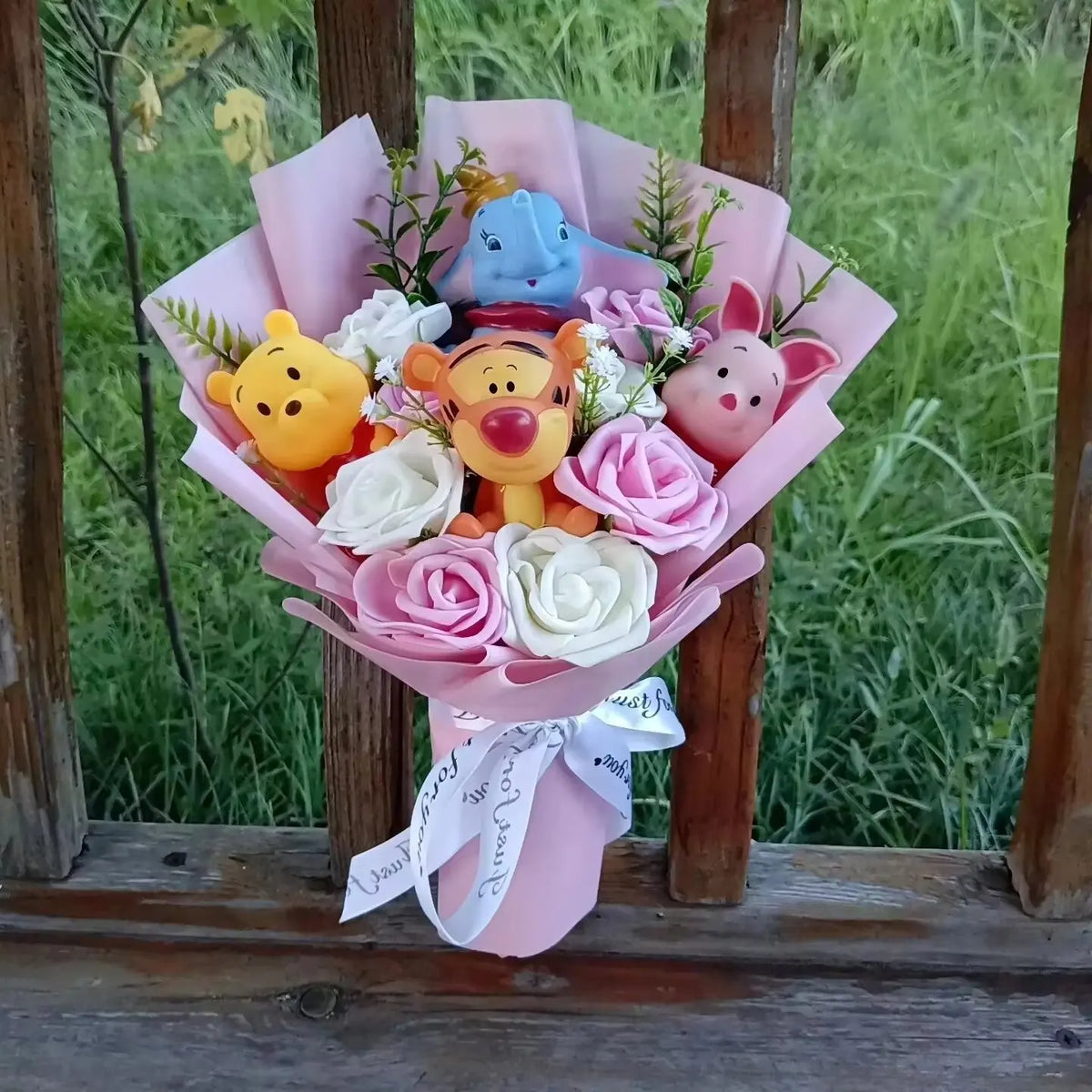 Anime Winnie the Pooh Pig Elephant Handmade Flower Bouquet Plush Doll Wedding Graduation Valentine Christmas Birthday Gifts