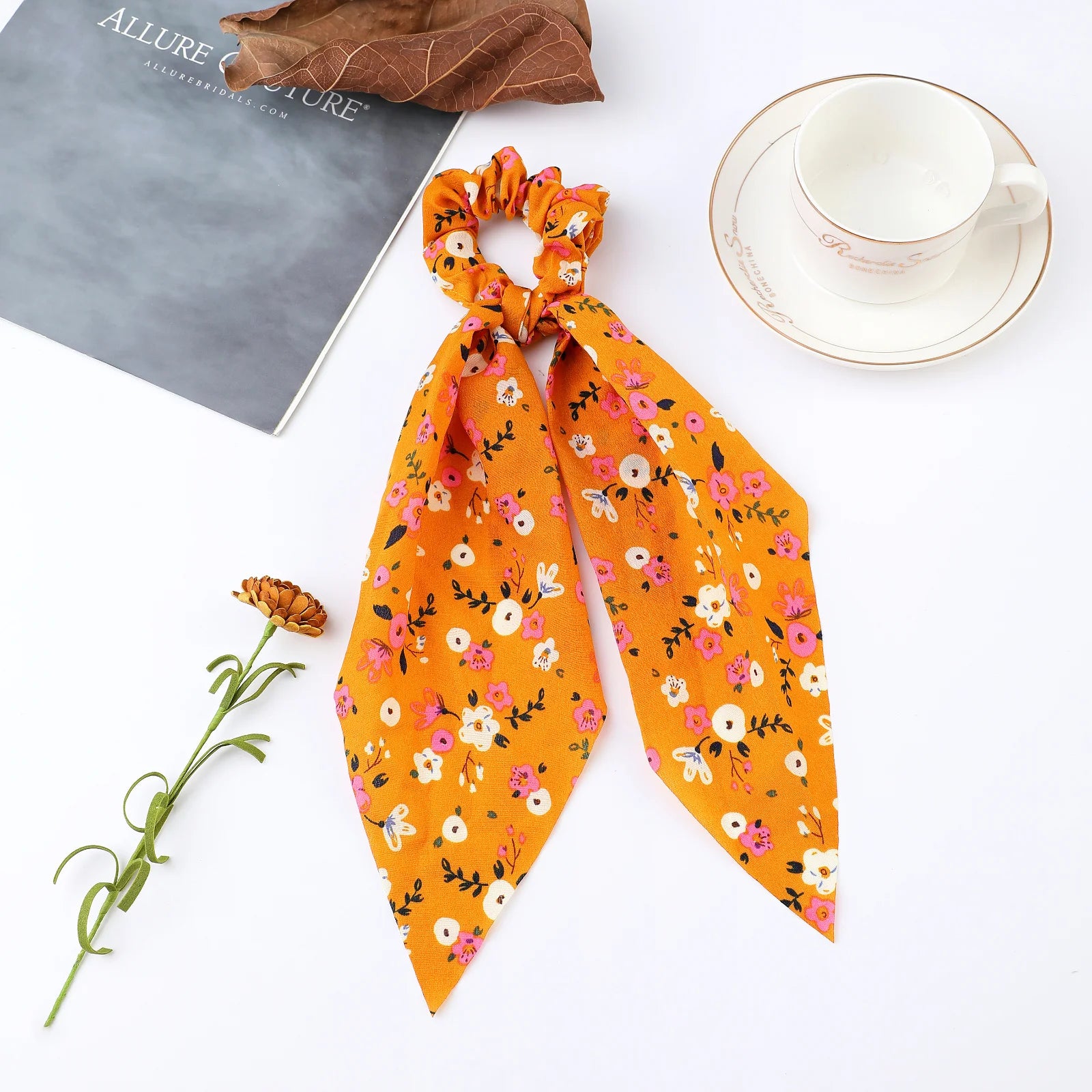 Fashion Flower Print Bow Satin Long Ribbon Ponytail Scarf Tie Scrunchies Women Girls Elastic Bands Hair Accessories