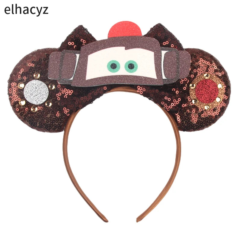 Disney Anime Cars Ears Headbands Women Sequins Bow Hairband Girls Pixar 95 Lightning McQueen Hair Accessories Kids Headwear Gift
