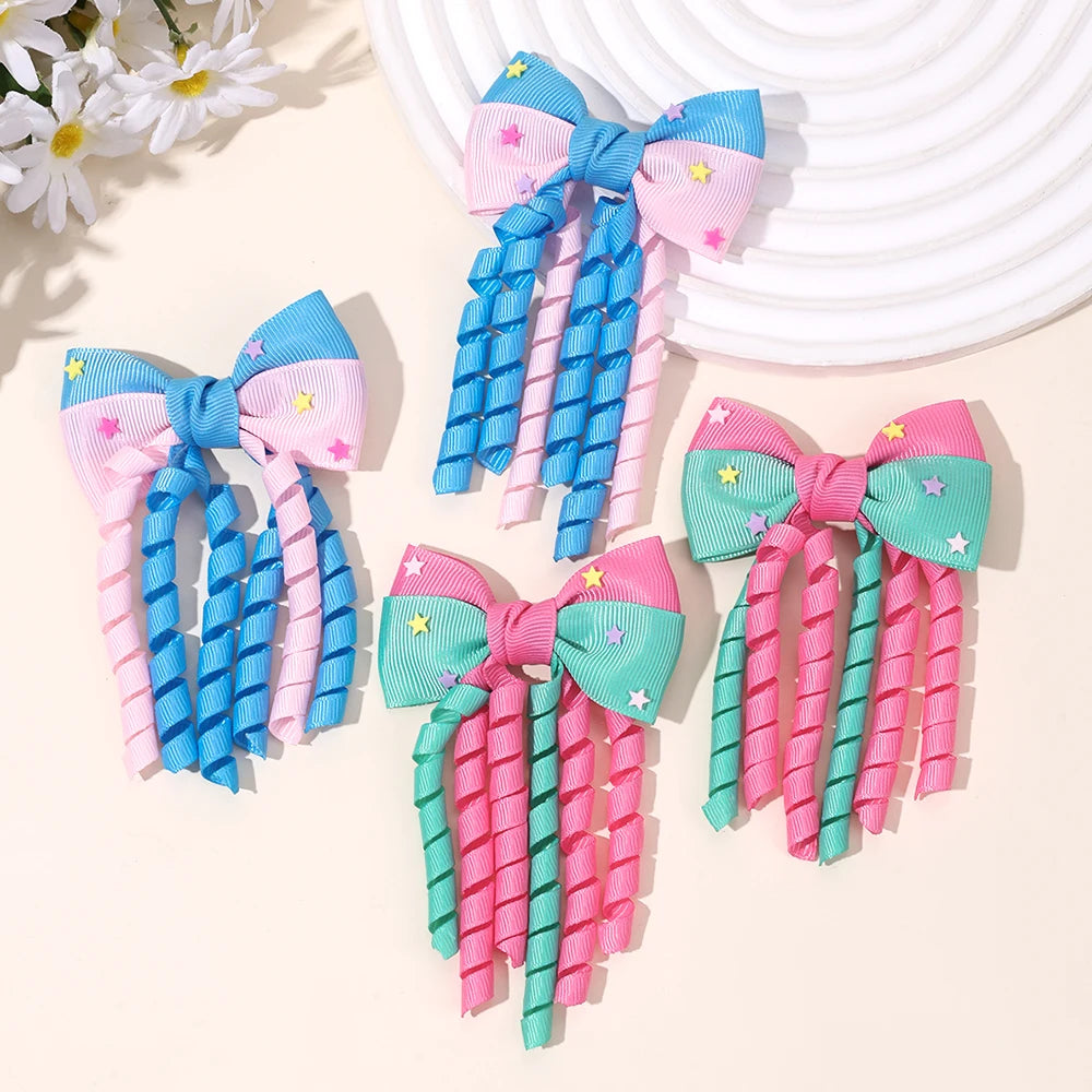 Sweet Unicorn Hair Clips For Girl Bow Barrette Cute Tassel Ribbon Curly Ponytail Hairpins Accessories