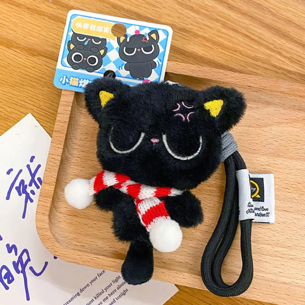 Cute Mini Black Cat Pendant Keychain Cartoon Plush Kitten Doll Charms With Beaded Chain Cuddly Black Kitten For Boys Girls Gifts