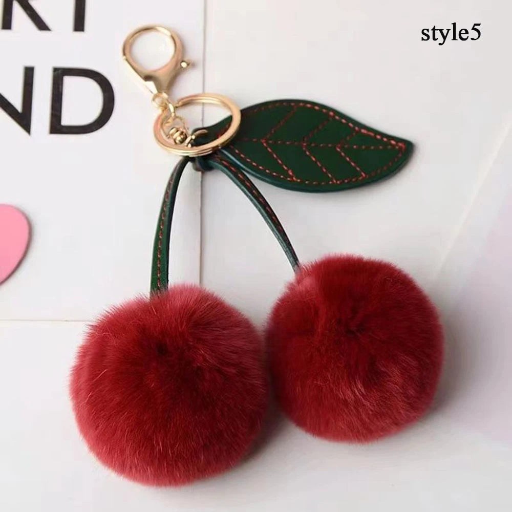 Keychain Key Fob Bag Pendant Fluffy Cherry Keyring Bag Hanging Leaf Artificial Rabbit Fur Ball Key Holder Plush Bag Accessories