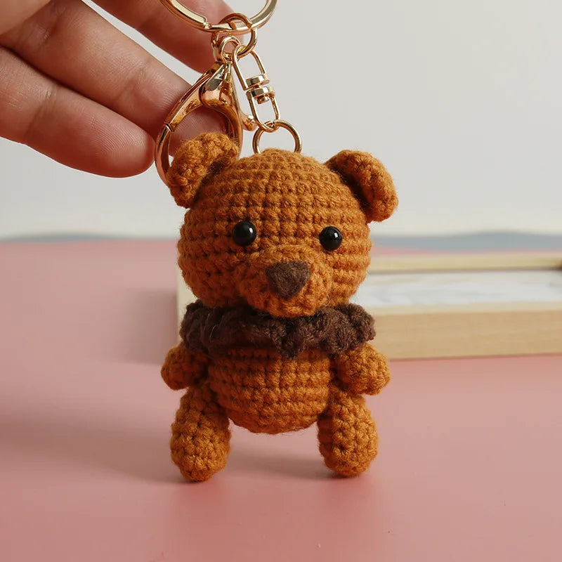 Cute Small Bear Doll Keychain For Couple Gifts Handmaking Crochet Cartoon Bear Keychain Knitting Animal Doll Custom Accessories