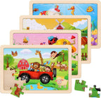 Wooden Educational Jigsaw Puzzles for Preschool Kids Ages 3-5, 4-Pack with 20 Pieces Dinosaur, Space, Transportation Wood Puzzles Set, Kids Brain Teaser Toys, Gifts for Boys Girls Ages 3 4 5 6