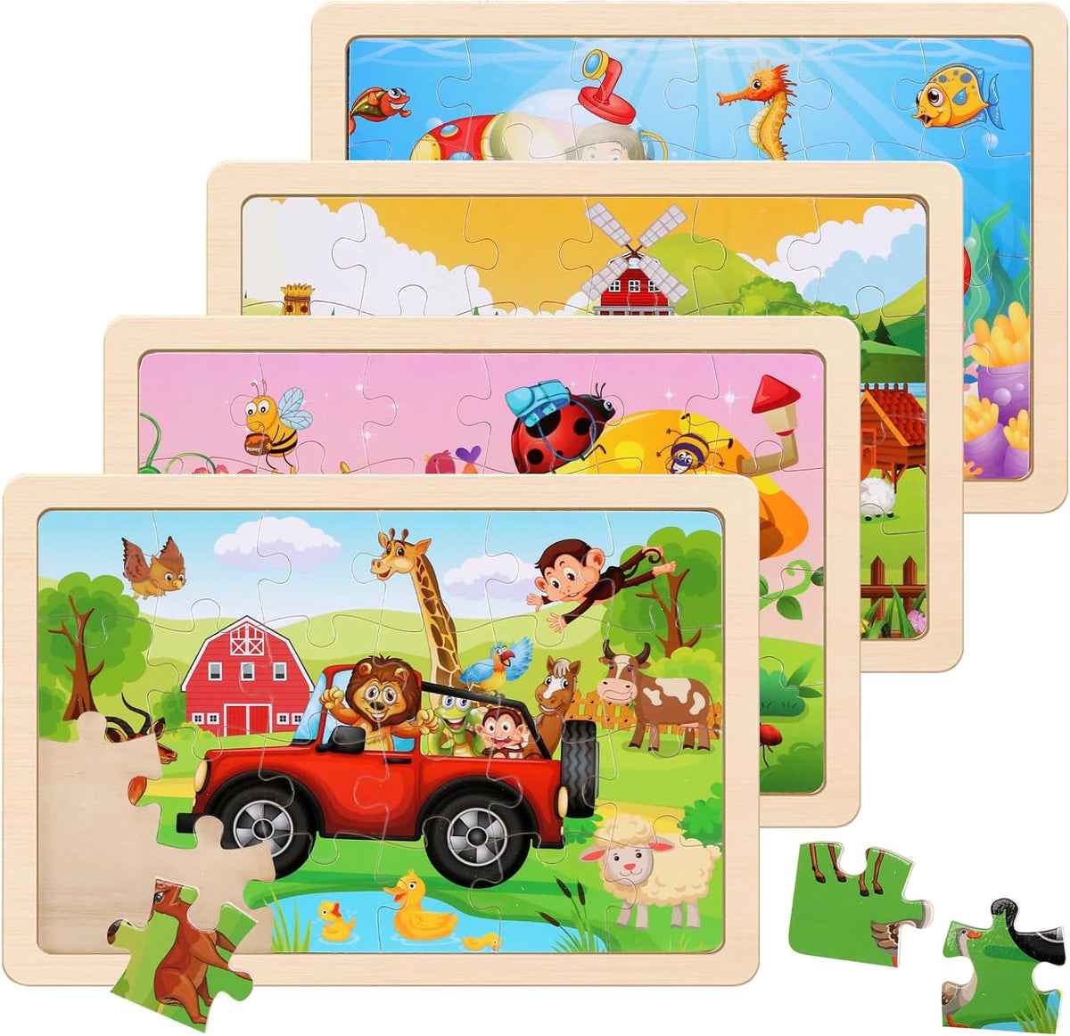 Wooden Educational Jigsaw Puzzles for Preschool Kids Ages 3-5, 4-Pack with 20 Pieces Dinosaur, Space, Transportation Wood Puzzles Set, Kids Brain Teaser Toys, Gifts for Boys Girls Ages 3 4 5 6