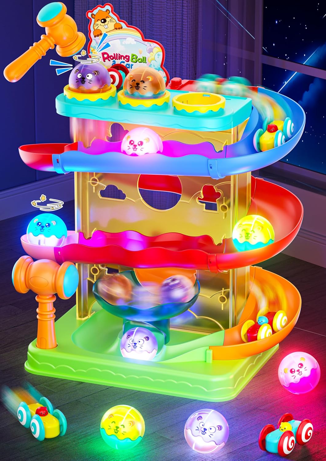 2-in-1 Ball Drop & Car Ramp Race Track Montessori Toy for Toddlers Ages 1-5 | Hammer Rolling Ball, Launch and Race Car-Cause and Effect Sensory STEM Learning Toys for 1-5 Year Old Boys & Girls