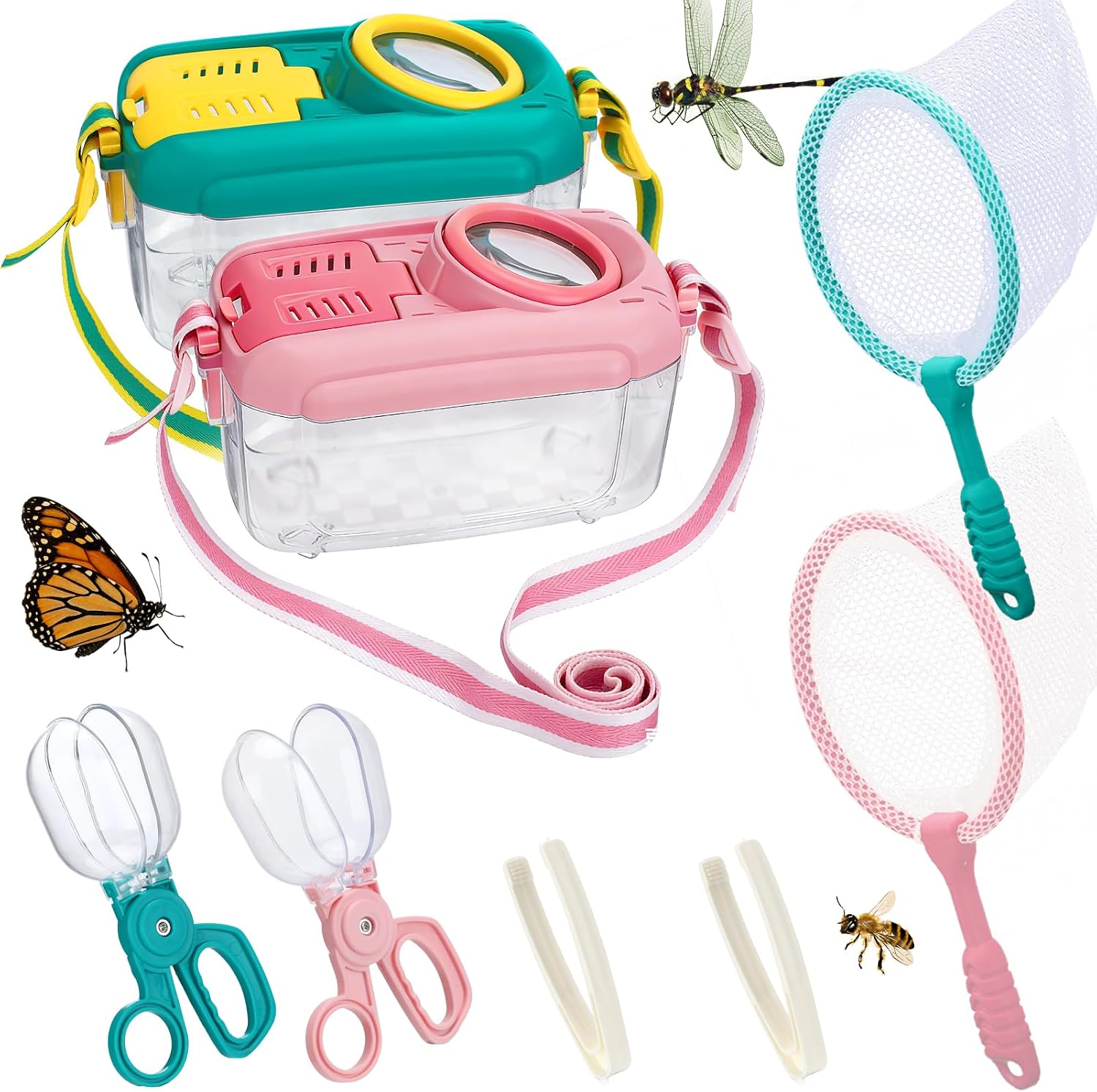 2 Sets Bug Catcher for Kids, Bug Catching Kit Gifts with Butterfly Net Toys | Built-in Magnifying Glass Bugs Box, Kids Camping Toys Bugs Collection Outdoor Explorer Kit for Age 3 4 5 6 7 8, Pink & Green