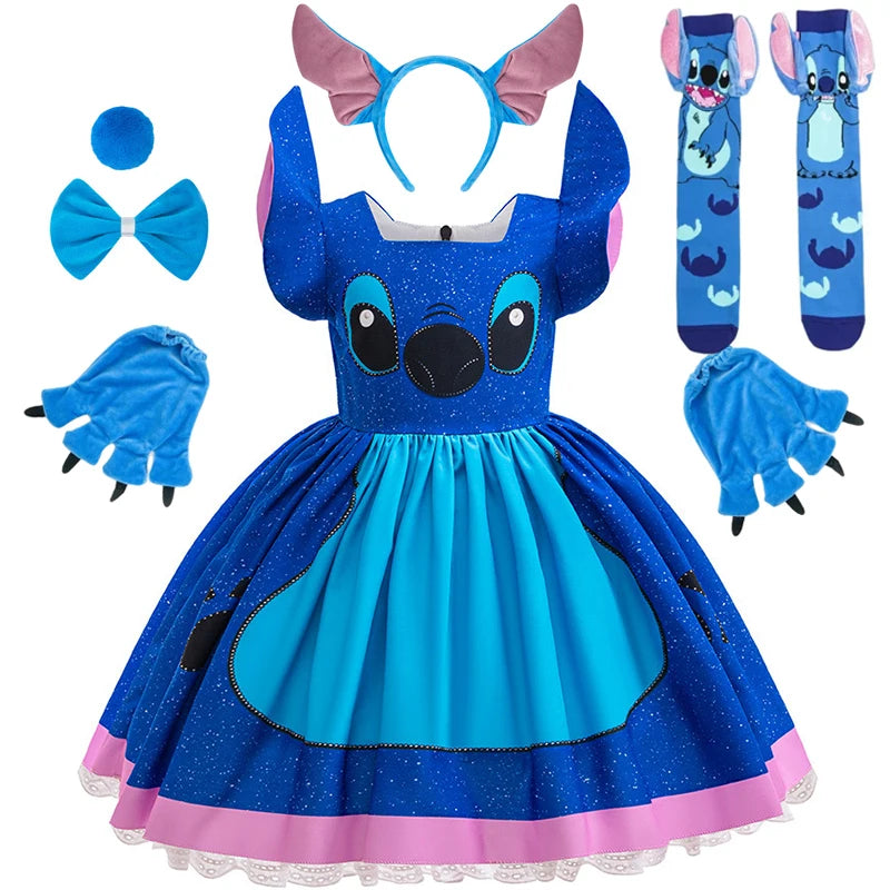 Blue costume with accessories including a dress, headband, gloves, and socks on a white background.