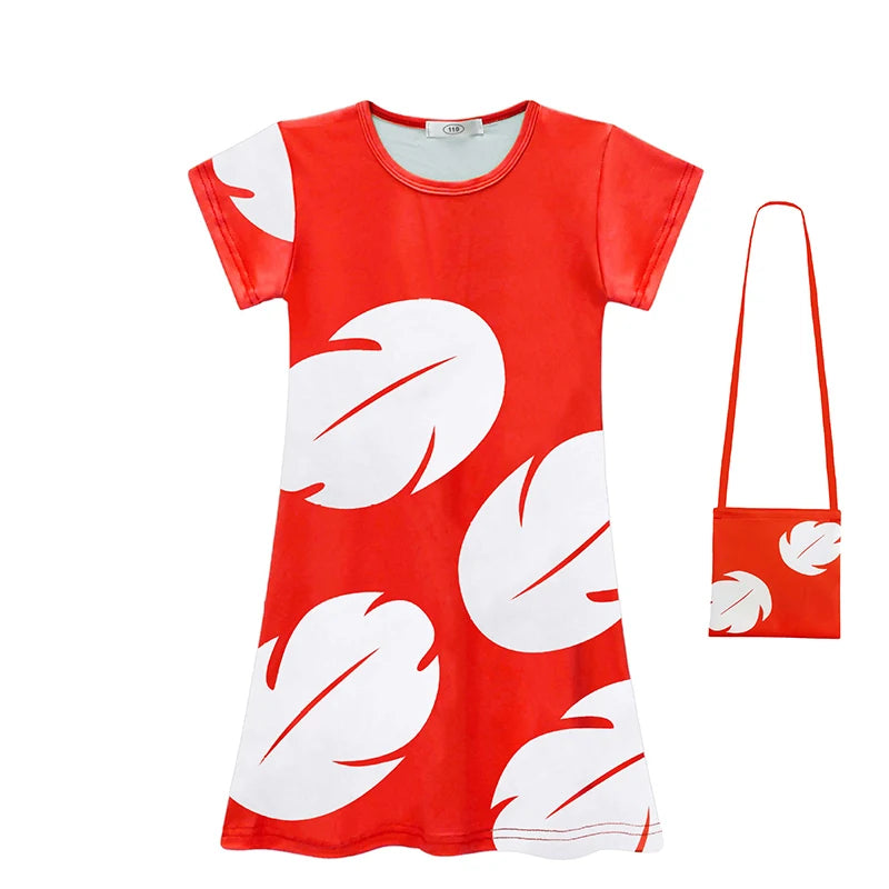 Red dress with white leaf patterns and matching bag on a white background
