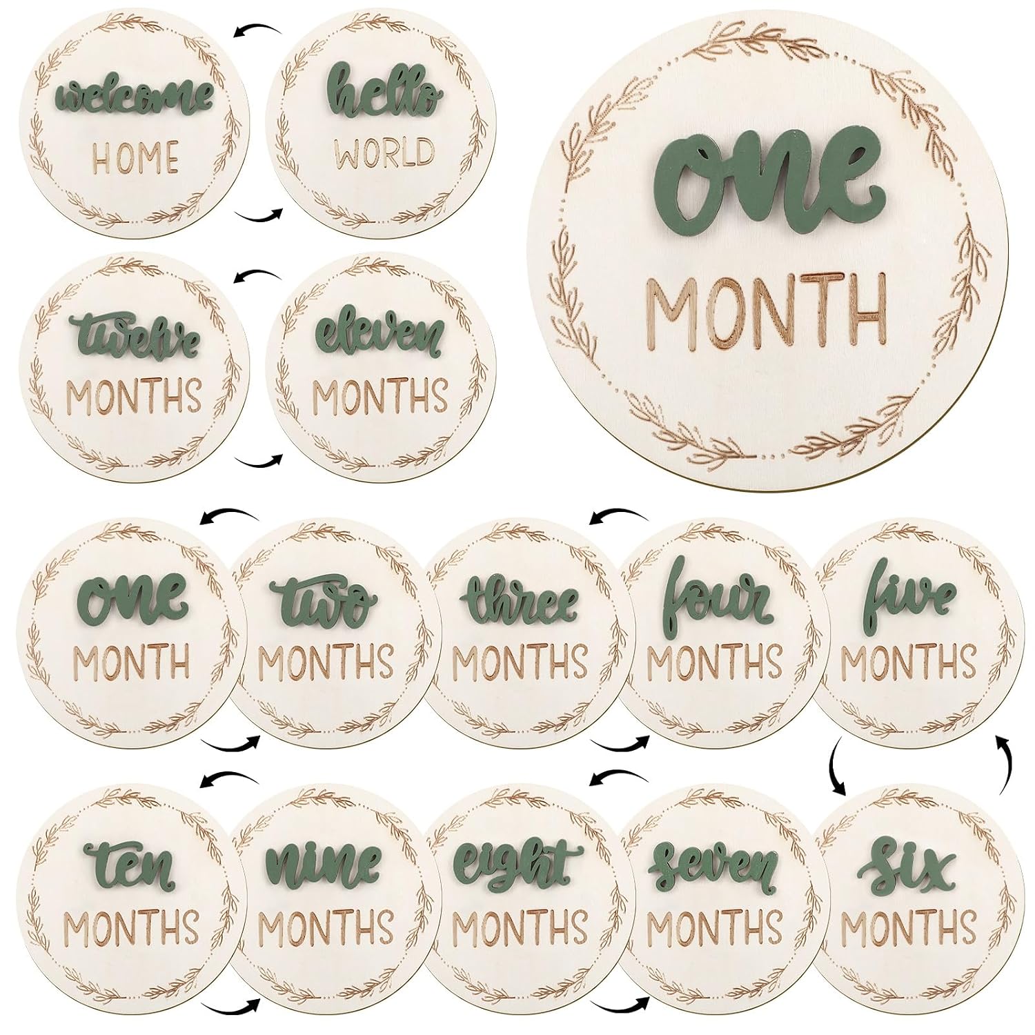 7 Pack Baby Monthly Milestone Signs, Double Sided Baby Milestone Signs Wooden Baby Announcement Sign for 1-12 Months Baby Milestone Pictures