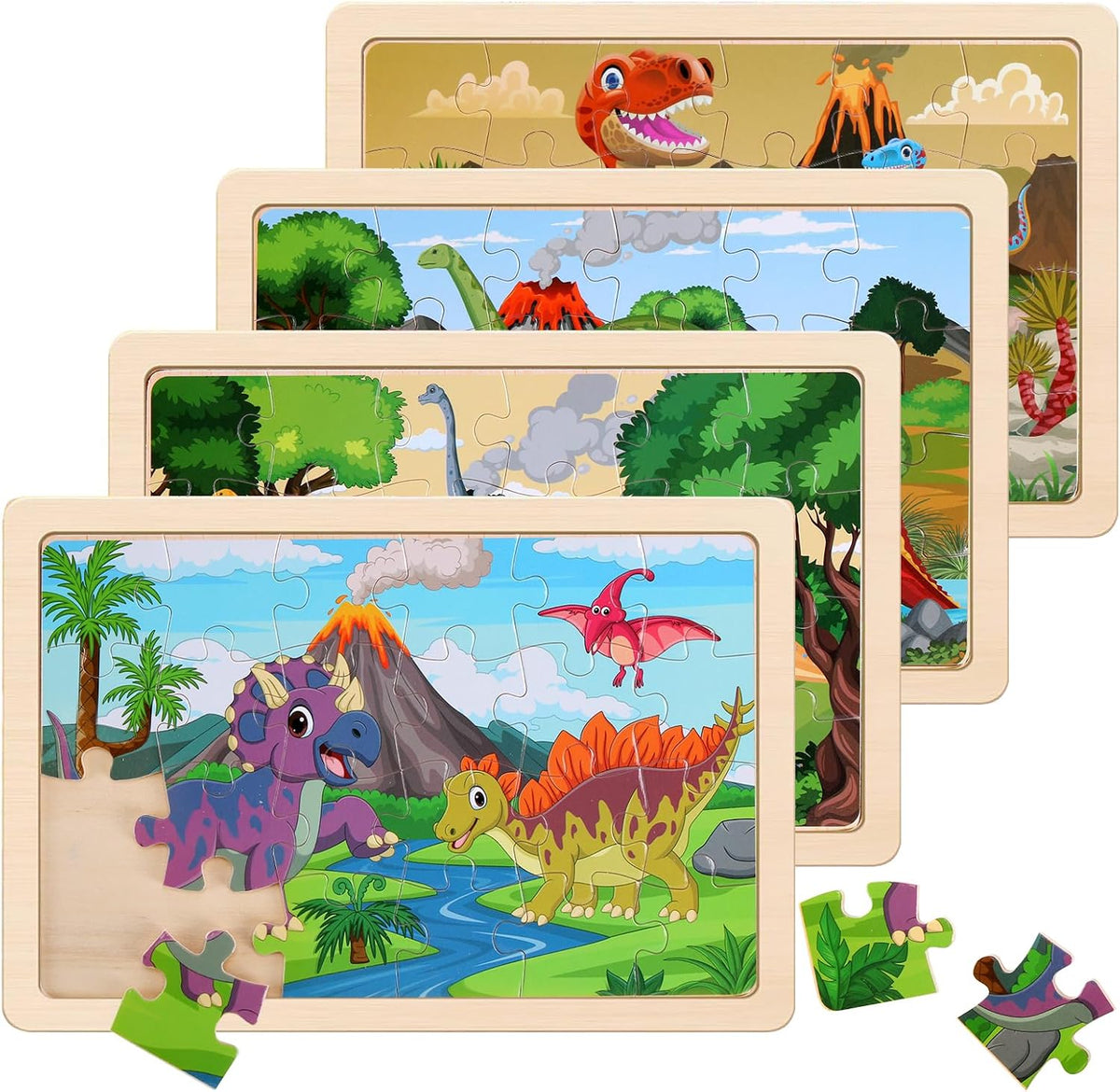 Wooden Educational Jigsaw Puzzles for Preschool Kids Ages 3-5, 4-Pack with 20 Pieces Dinosaur, Space, Transportation Wood Puzzles Set, Kids Brain Teaser Toys, Gifts for Boys Girls Ages 3 4 5 6