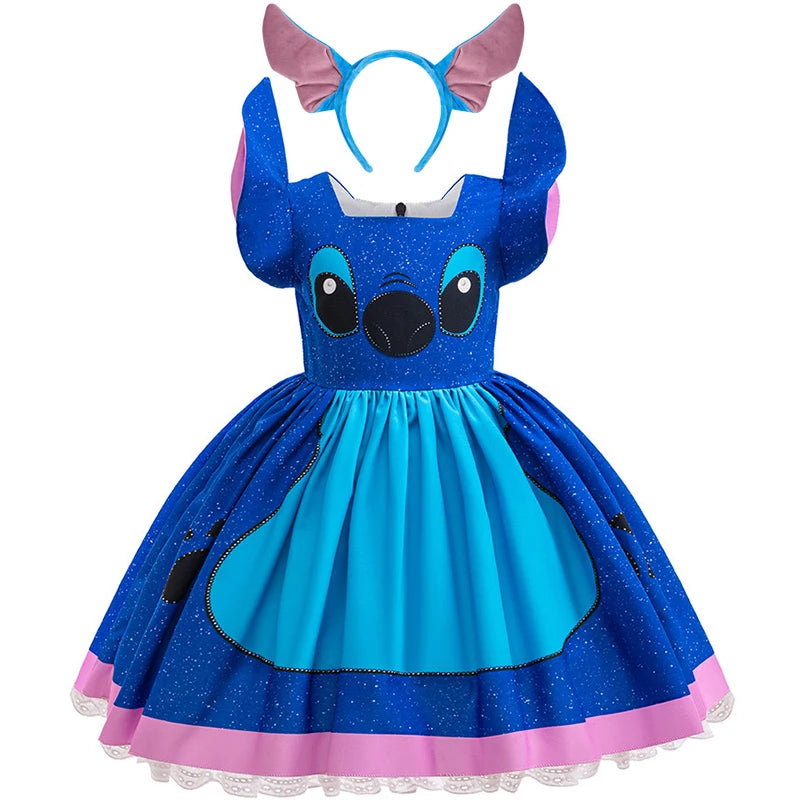 Blue dress with pink accents and headband on a white background