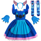 Blue costume with pink accents, including a dress, gloves, headband, and socks on a white background.