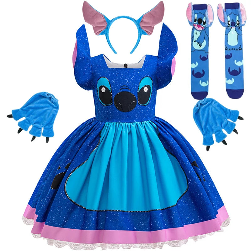 Blue costume with pink accents, including a dress, gloves, headband, and socks on a white background.