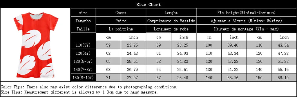 Size chart for a red dress with white patterns on a black background